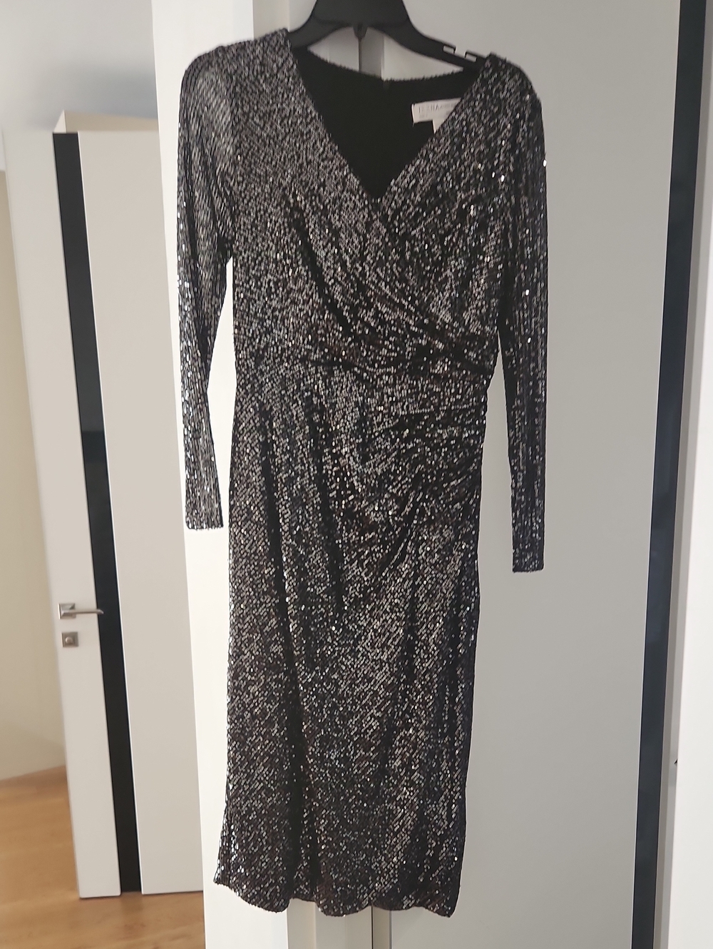 Mac Duggal Black Sequin Wrap-Effect Long Sleeve Dress